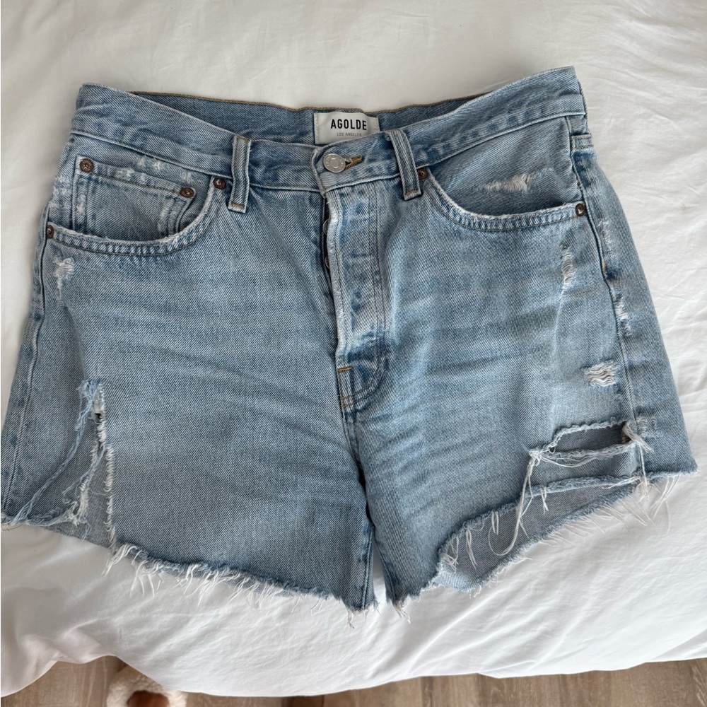Agolde Light Blue Distressed Jean Shorts